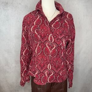100% Cotton Red Corduroy Paisley Print Button Down Western Shirt Medium Fit